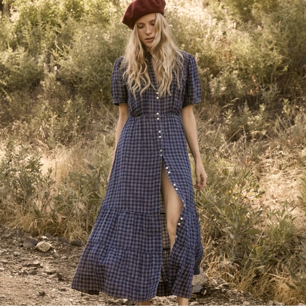 Doen Revi maxi dress size L stunning blue/white plaid w mother of pearl buttons
